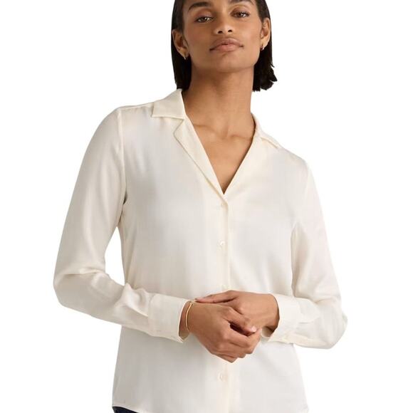 GUC Quince Women's XS Ivory Silk Blend Notch Collar Blouse Long Sleeve 3134-22 - Picture 1 of 12